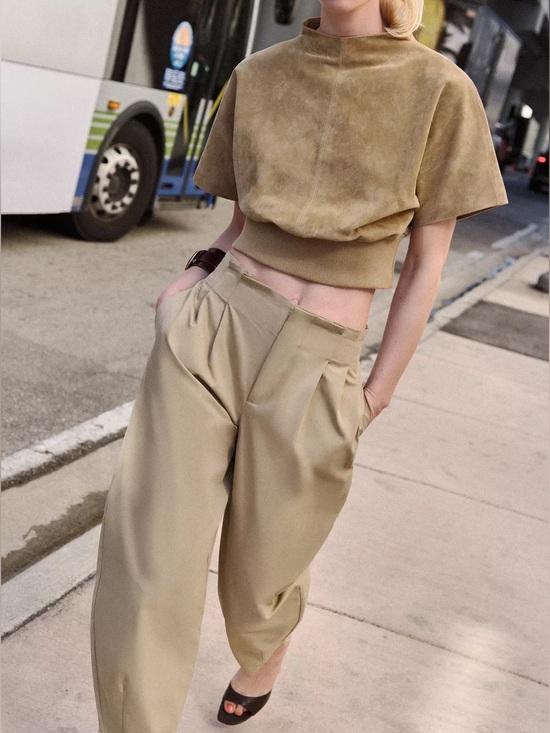 Zara Tops - Zara 100% Suede Leather Top High Neck Short Sleeves Snap Button Beige Medium